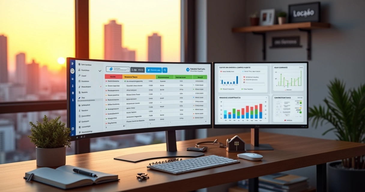 Painel digital de gestão de locação de imóveis com vários prédios ao fundo 