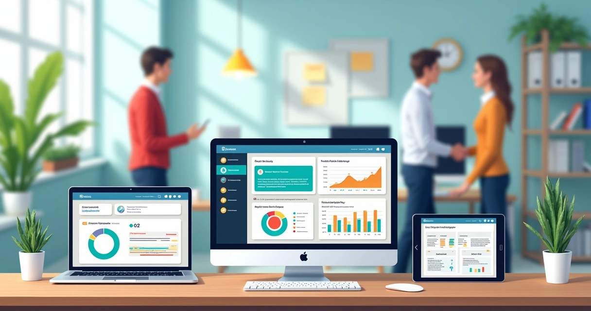Computadores e tablets em uma mesa mostrando dashboard de gestão parlamentar 