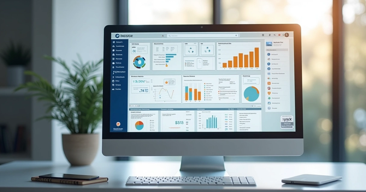 Tela de computador mostrando painel digital com emissão e gestão de notas fiscais de serviços, interfaces modernas com gráficos, documentos fiscais e ícones de segurança 
