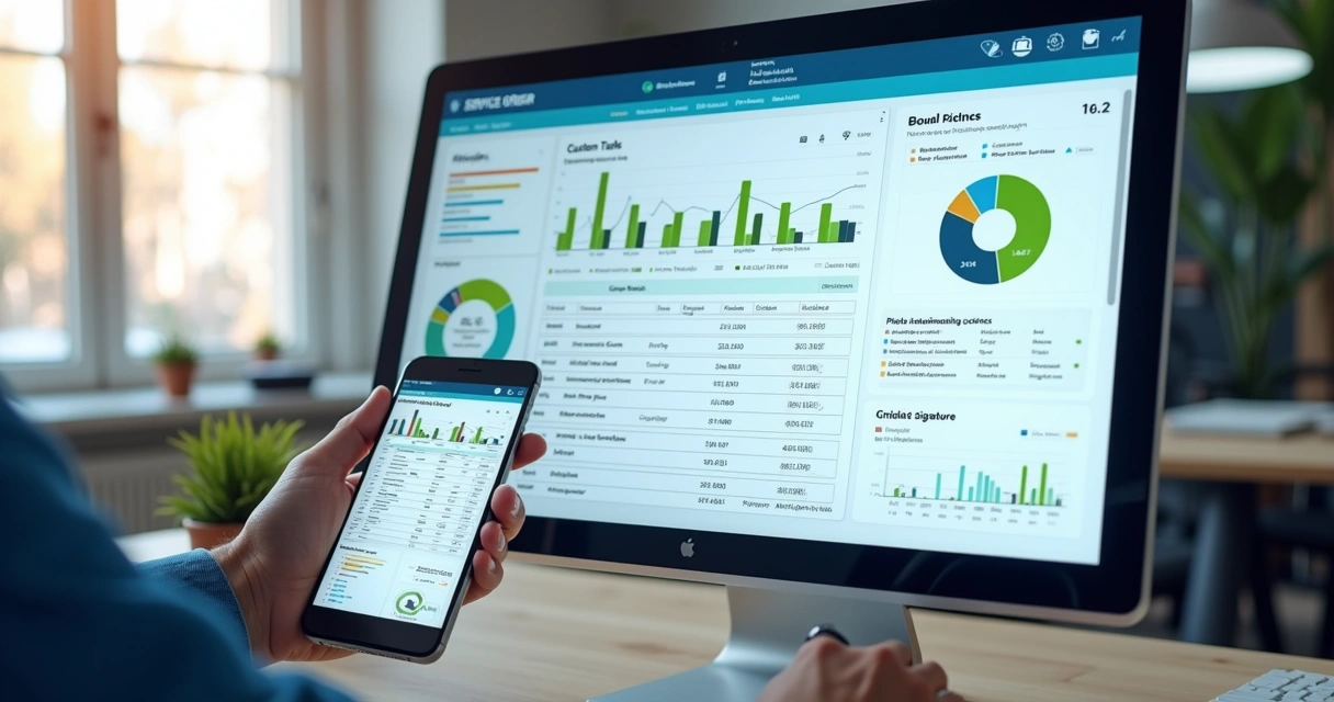 Tela de sistema digital de ordem de serviço com interface mostrando orçamentos, assinatura digital e fotos anexadas 