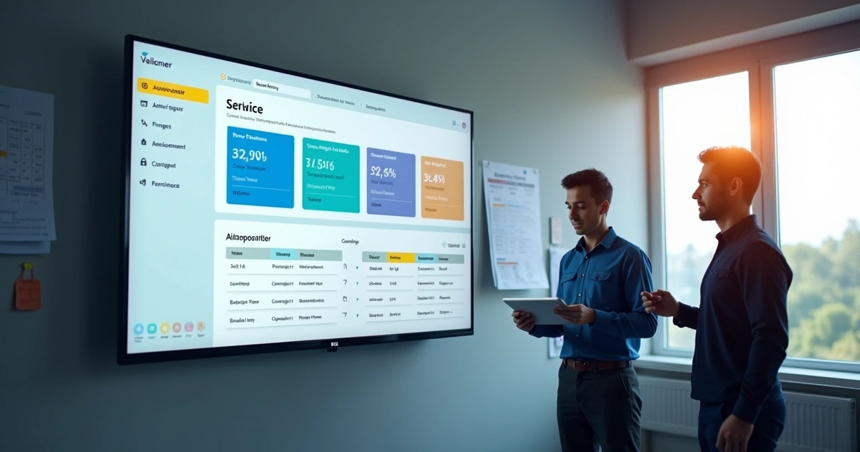 Tela de um sistema digital com painel detalhado e marcação de serviço em andamento 
