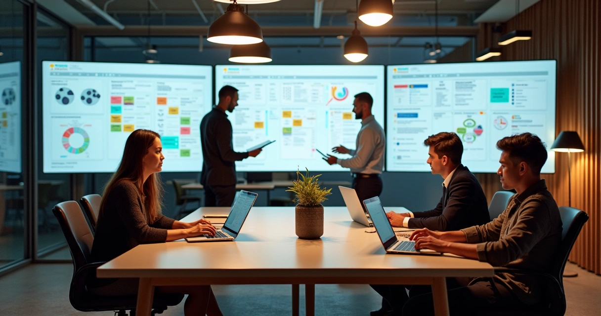Equipe colaborando em ambiente digital, usando Notion em diferentes dispositivos 
