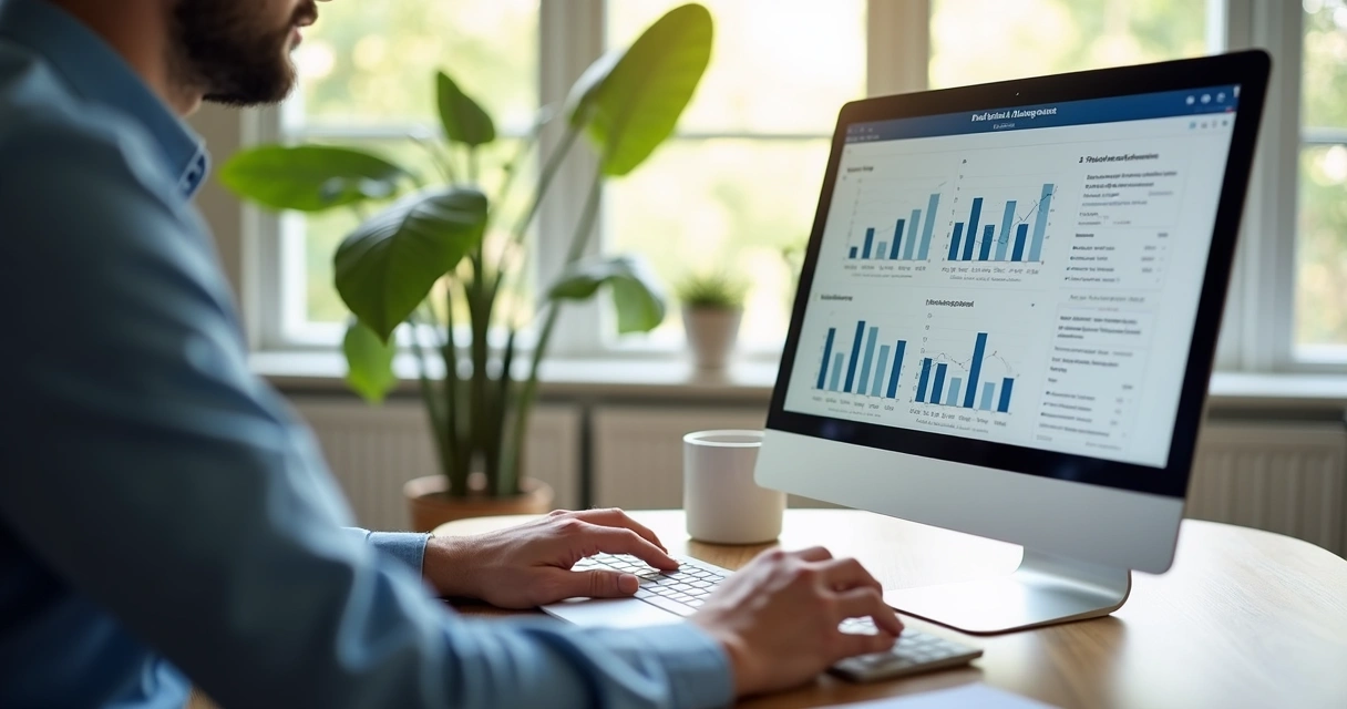 Pessoa usando aplicativo de gestão imobiliária no computador com dados visíveis na tela 