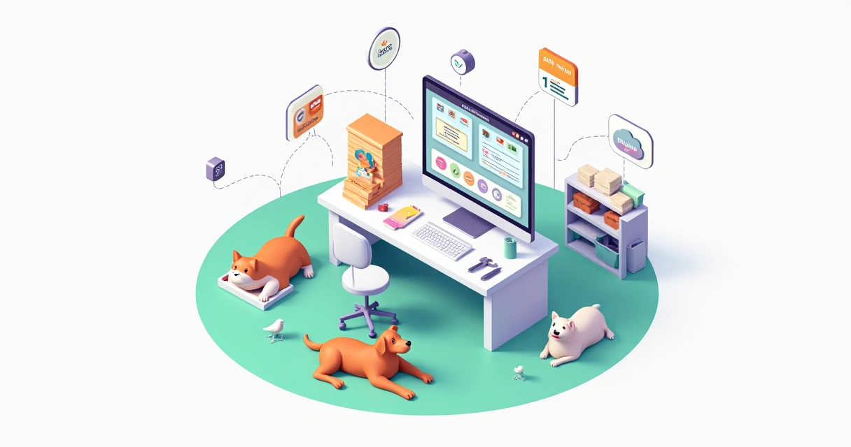 Ilustração de bancada de pet shop com computador gerenciando atendimentos e produtos 