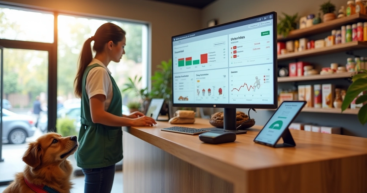 Gestora de pet shop usando sistema digital com cachorro ao lado do balcão 
