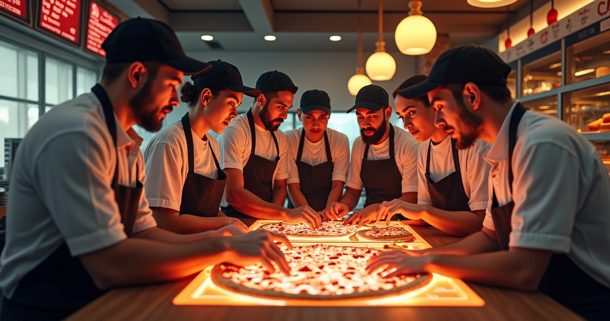 Equipe de pizzaria usando sistema digital para controlar pedidos 
