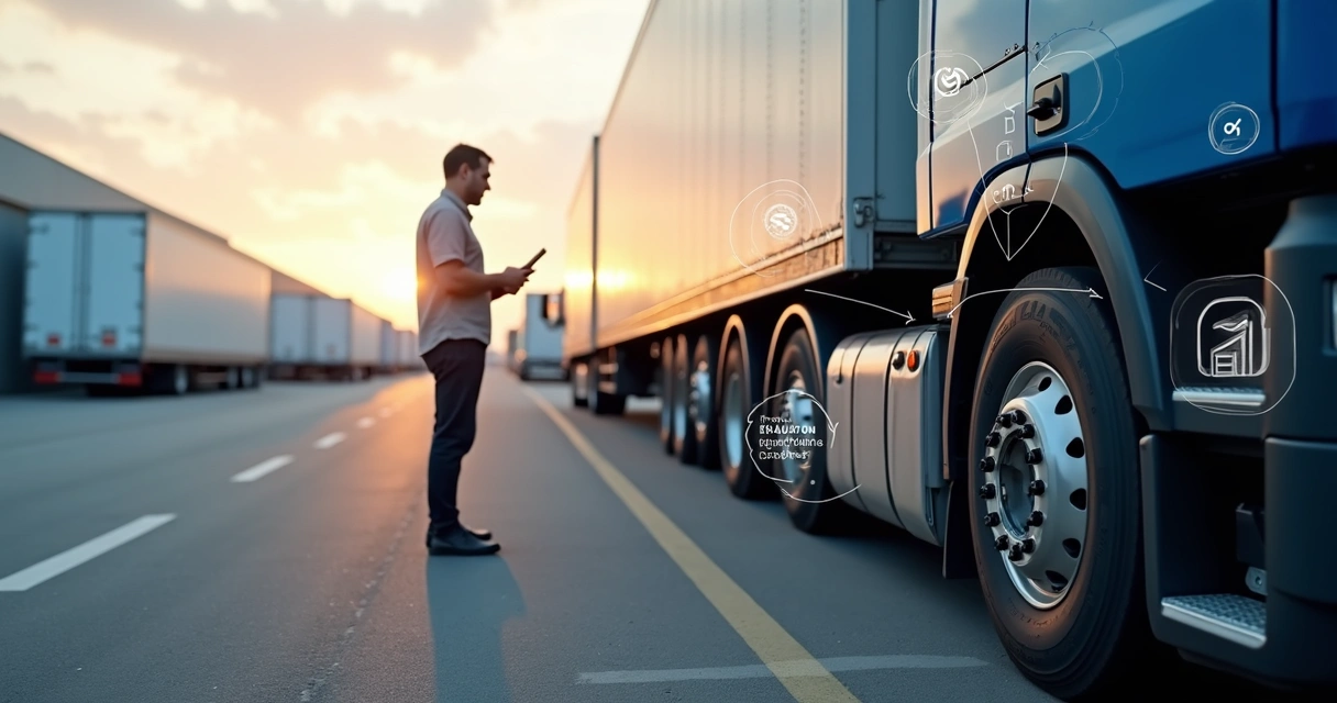 Gestor analisando dados digitais de pneus de caminhões em pátio de transporte 
