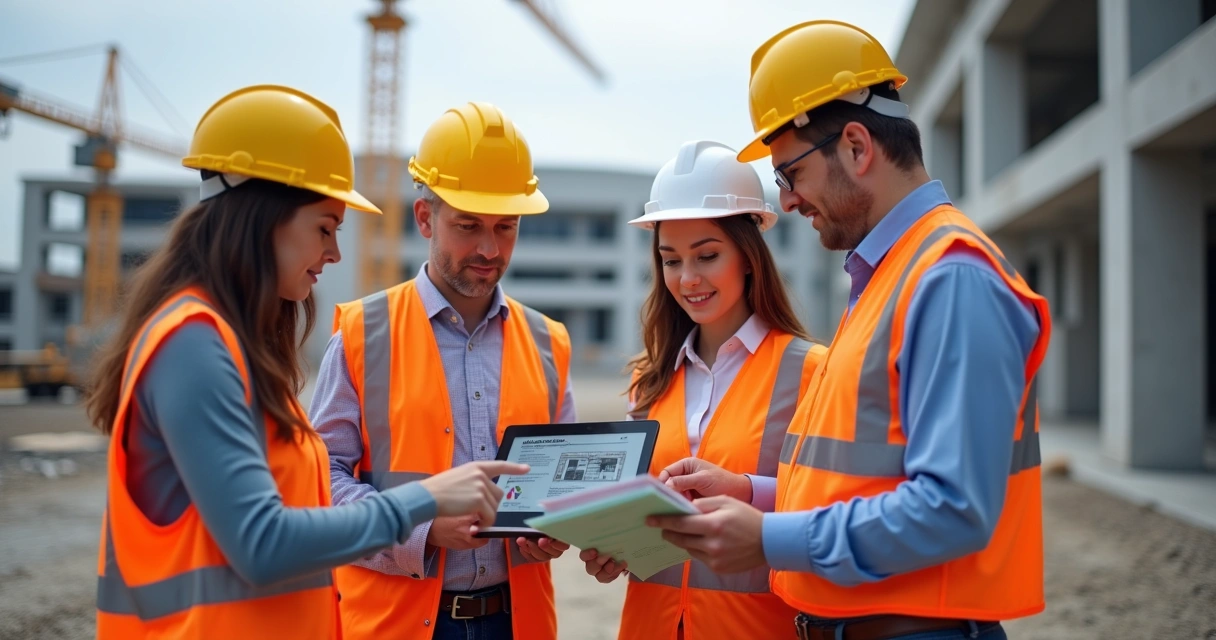 Equipe usando tablet para gestão pós-obra 