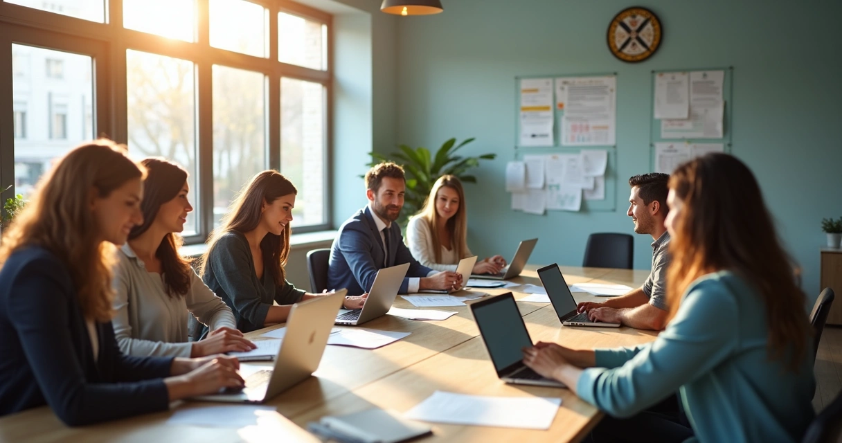 Servidor público utilizando notebook em reunião de secretaria com colegas e documentos sobre a mesa