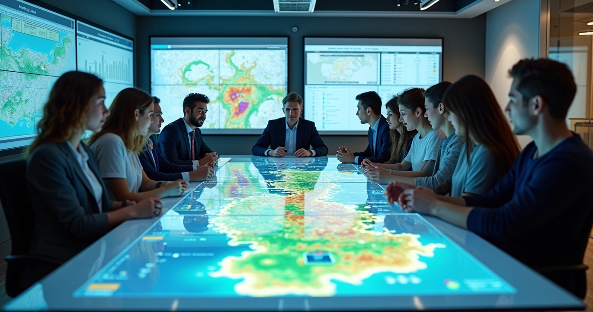 Equipe analisando mapas digitais para regularização fundiária 