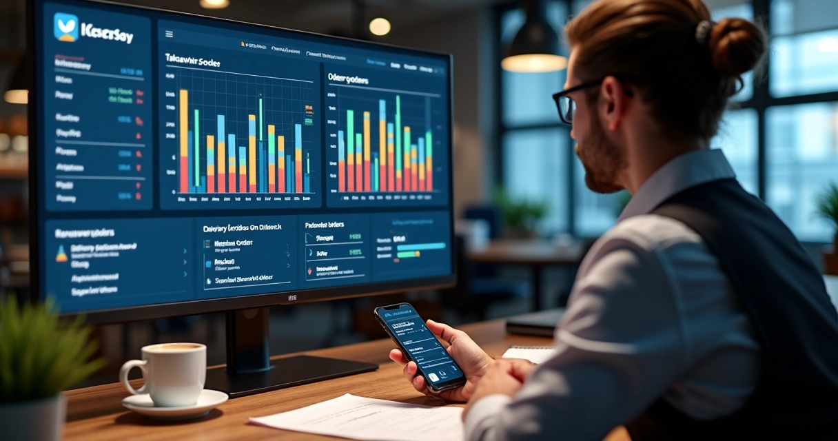 Gestor analisando painel digital com gráficos de pedidos delivery e retirada lado a lado 