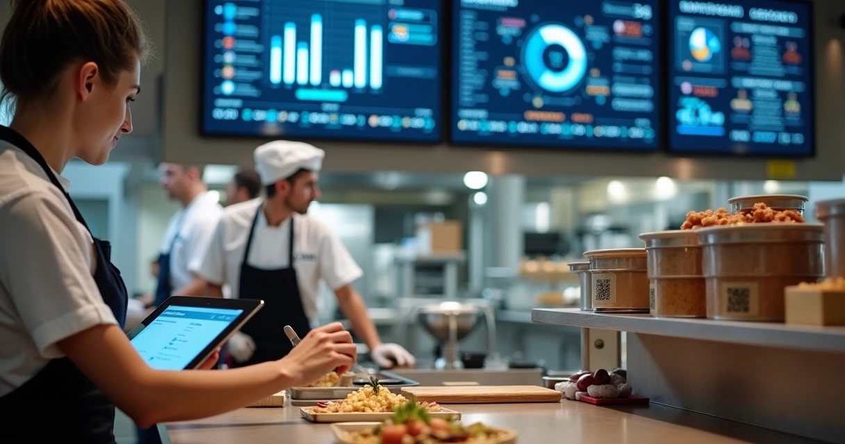 Equipe do restaurante usando painel digital de pedidos e estoque 