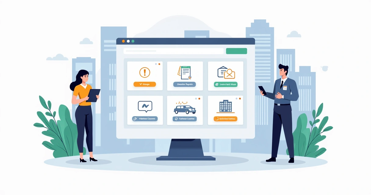 Painel digital com ícones de gestão de condomínio integrados 