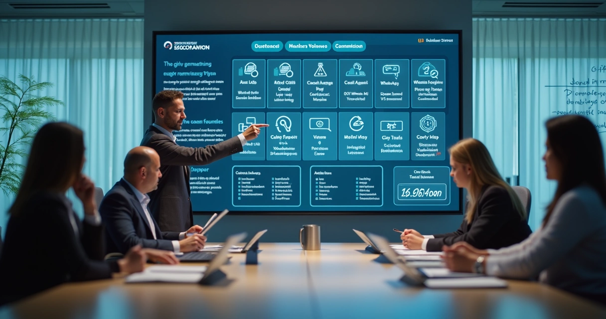 Gestor avaliando painel de discadora automática em reunião com equipe de atendimento 