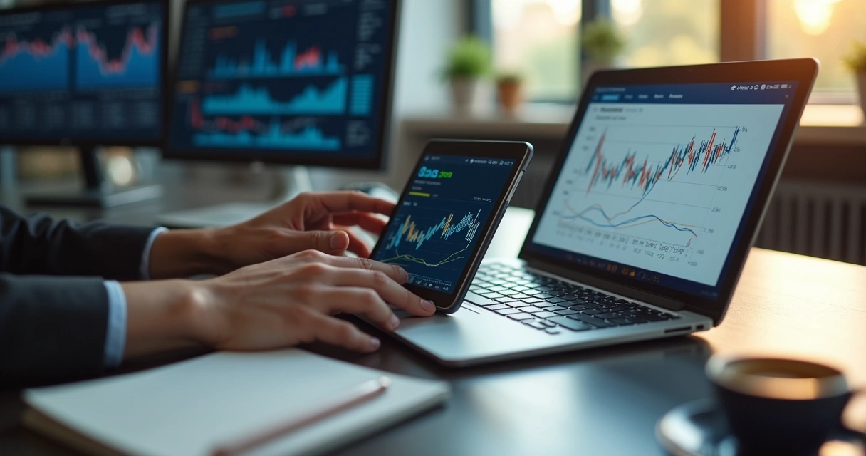 Mesa de escritório com múltiplos dispositivos digitais mostrando gráficos financeiros e notificações de disputas de pagamento 