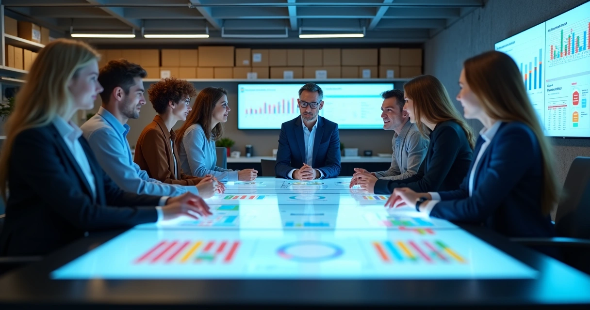 Equipe analisando gráficos de estoque, vendas e financeiro em telas diferentes