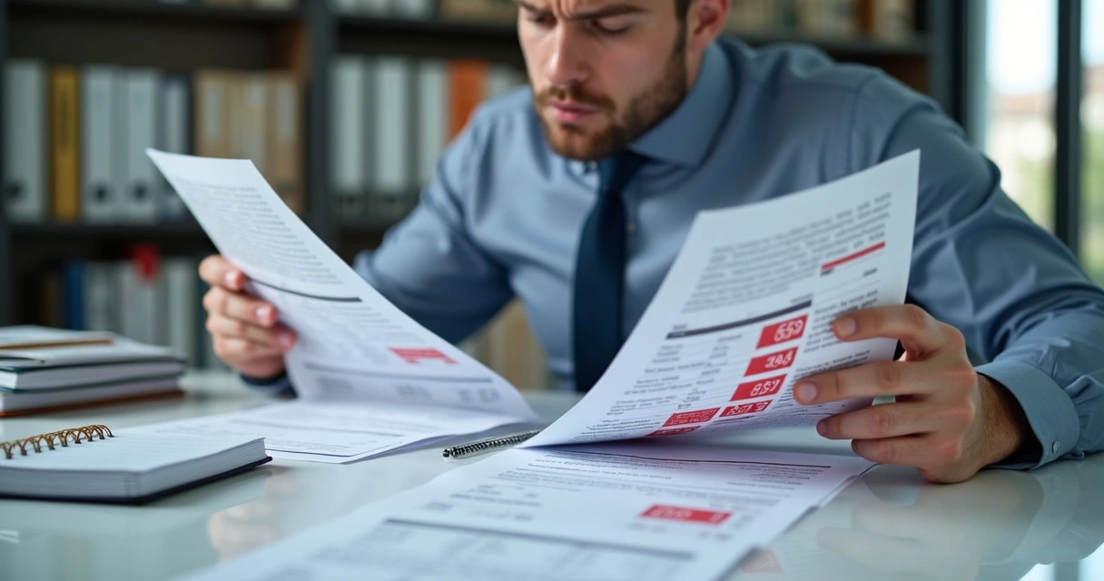 Empresário olhando planilhas de dívidas empresariais