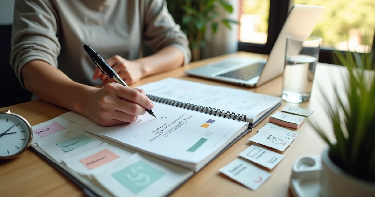 Pessoa organizando agenda de forma consciente com relógio e anotações sobre a mesa 