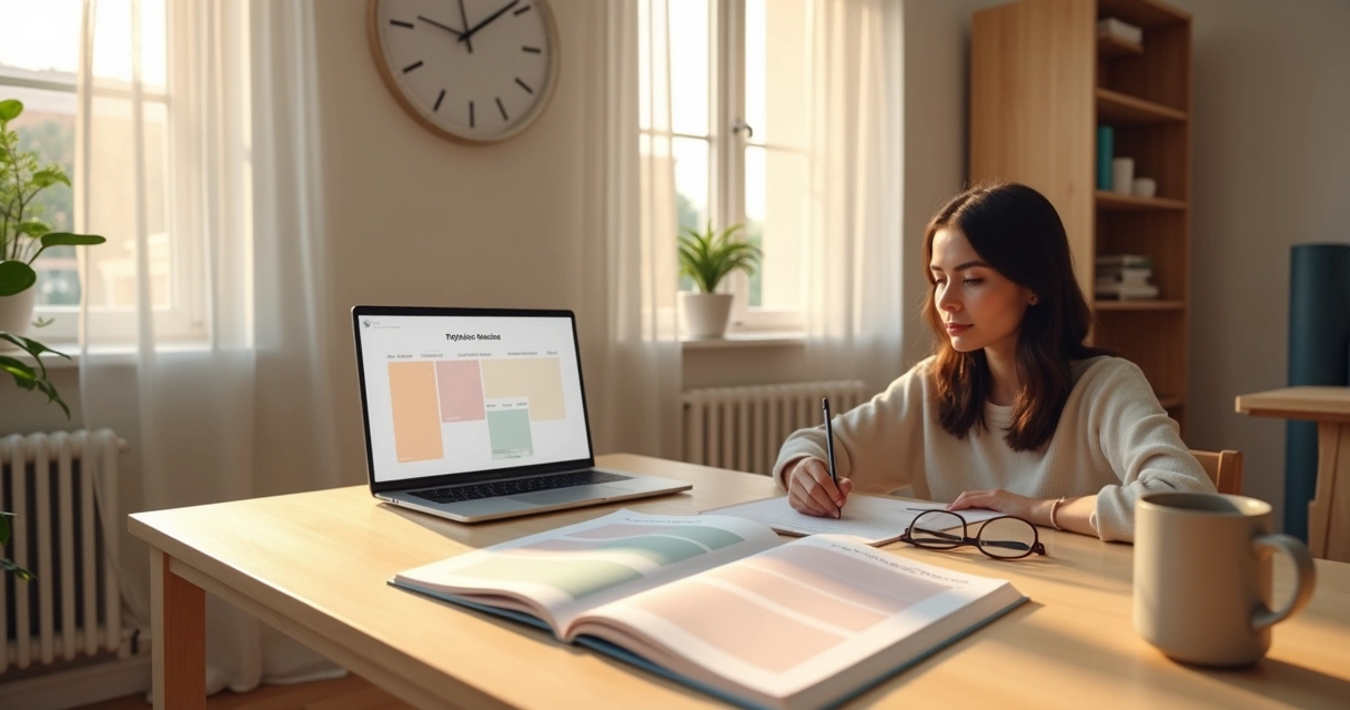 Pessoa organizando o dia em agenda e notebook com elementos de trabalho e bem-estar ao redor 