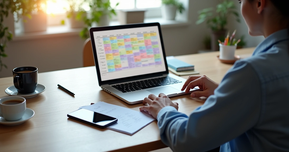 Pessoa organizando agenda digital em um notebook ao lado de café em escritório caseiro