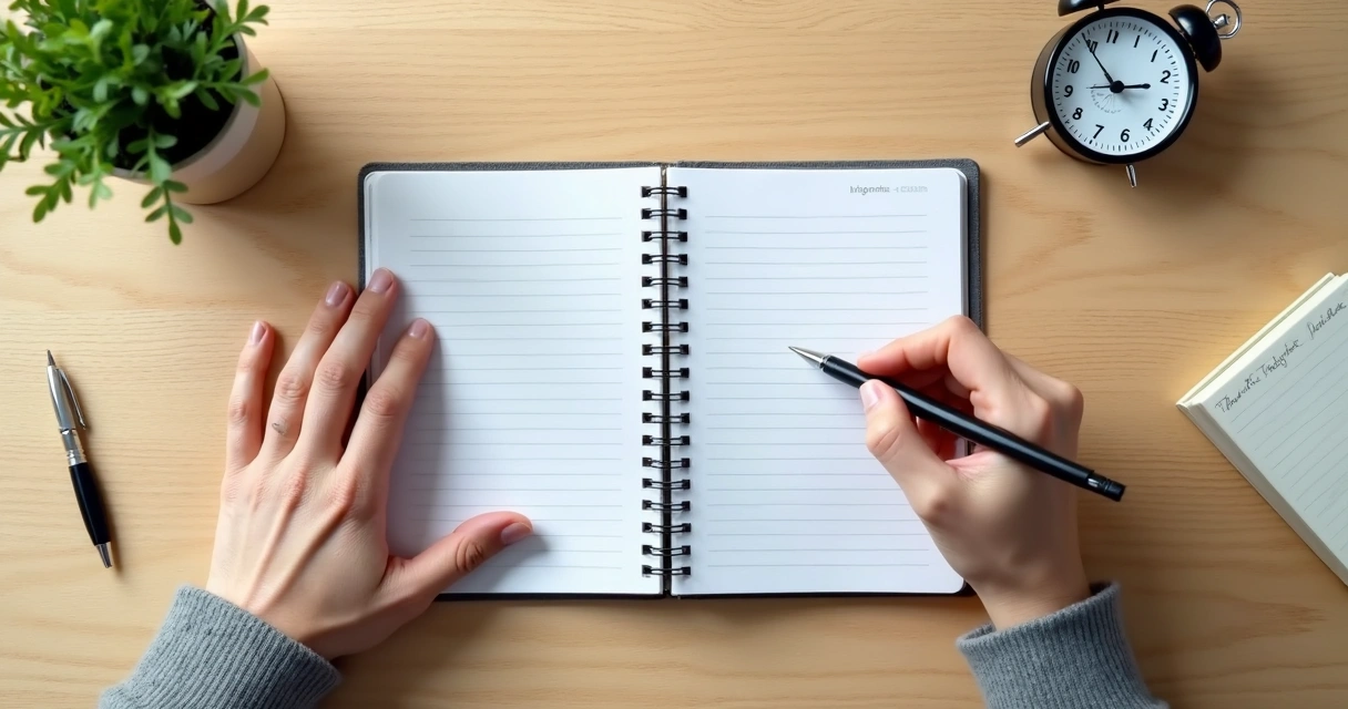 Pessoa planejando rotina com bloco de notas e relógio na mesa 