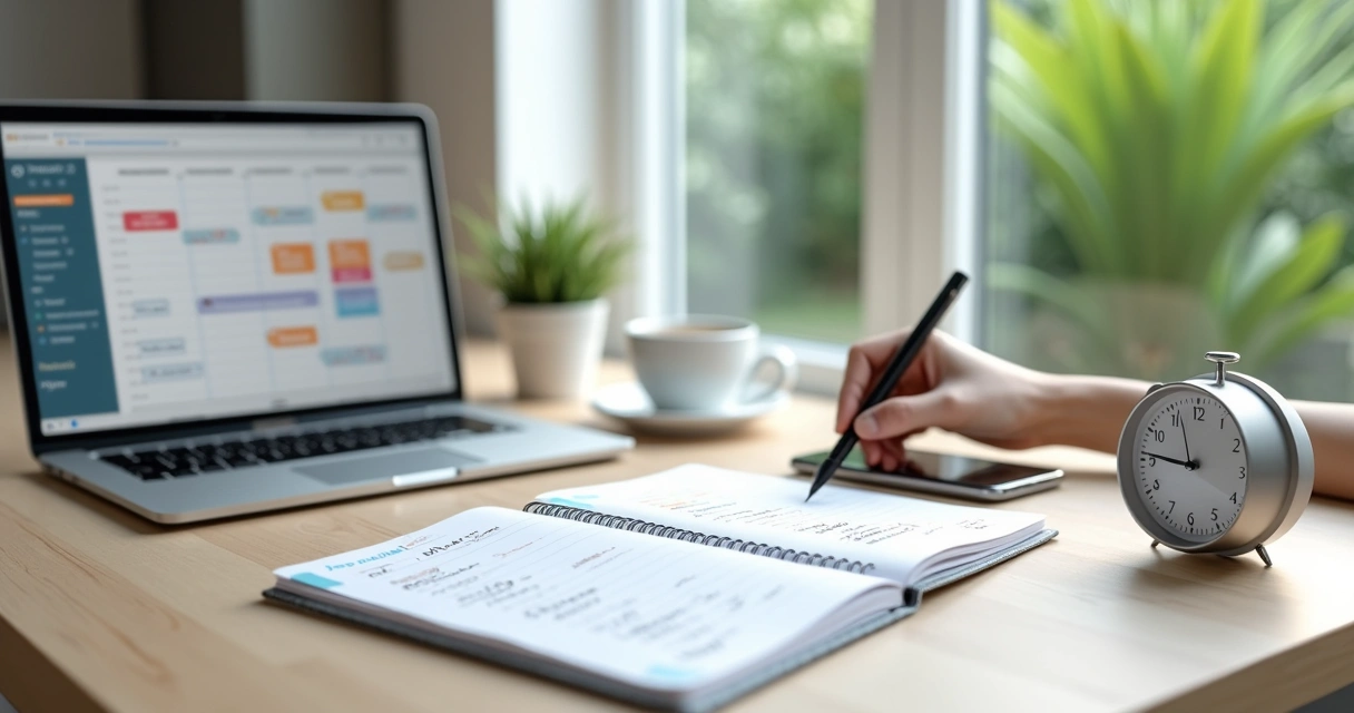 Pessoa organizando o dia com agenda, relógio e computador em ambiente de trabalho calmo 
