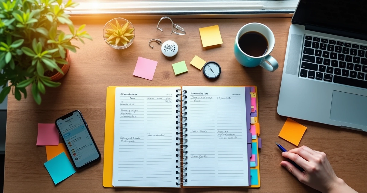 Espaço de trabalho moderno com planner, smartphone, notas adesivas e plantas, simbolizando gestão do tempo.