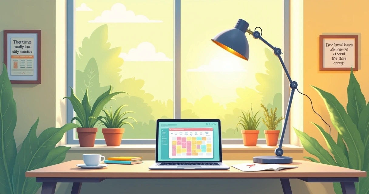 Escrivaninha organizada com laptop, notas adesivas coloridas e planta, simbolizando gestão do tempo efetiva.