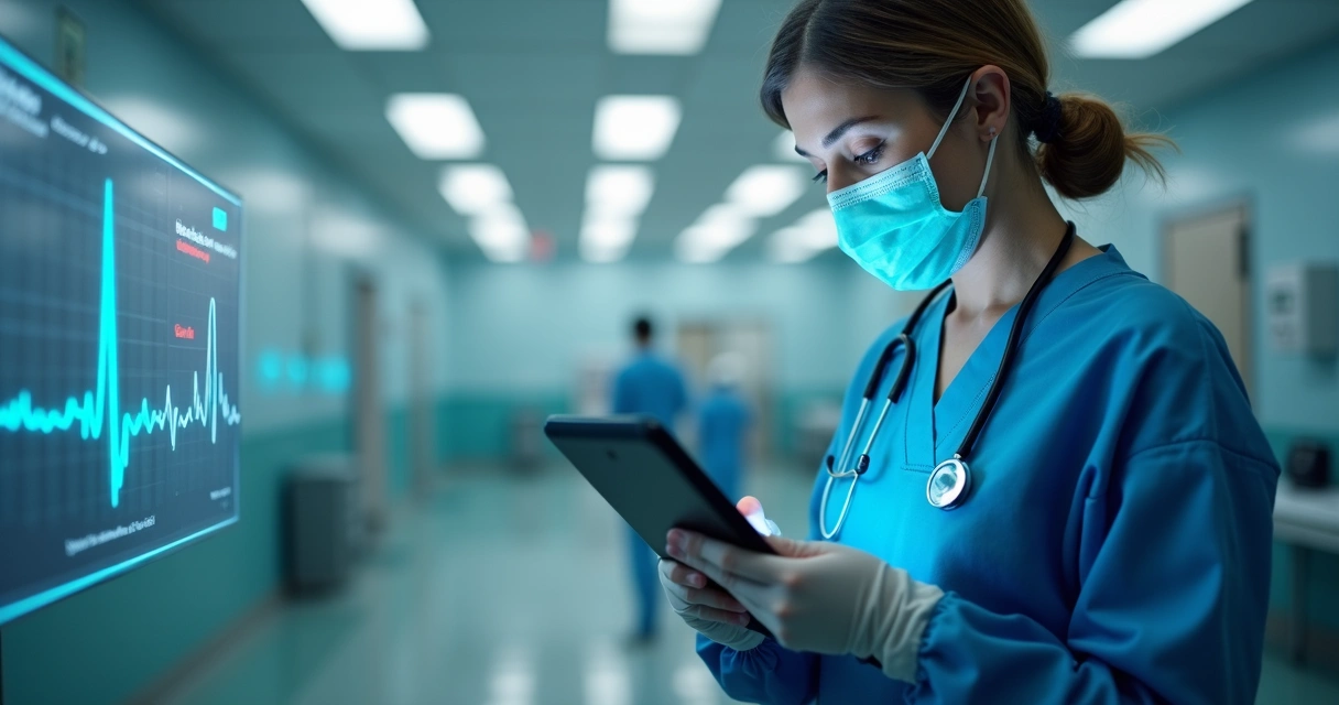 Profissional da saúde usando tablet com interface digital de gestão documental hospitalar em ambiente clínico moderno 