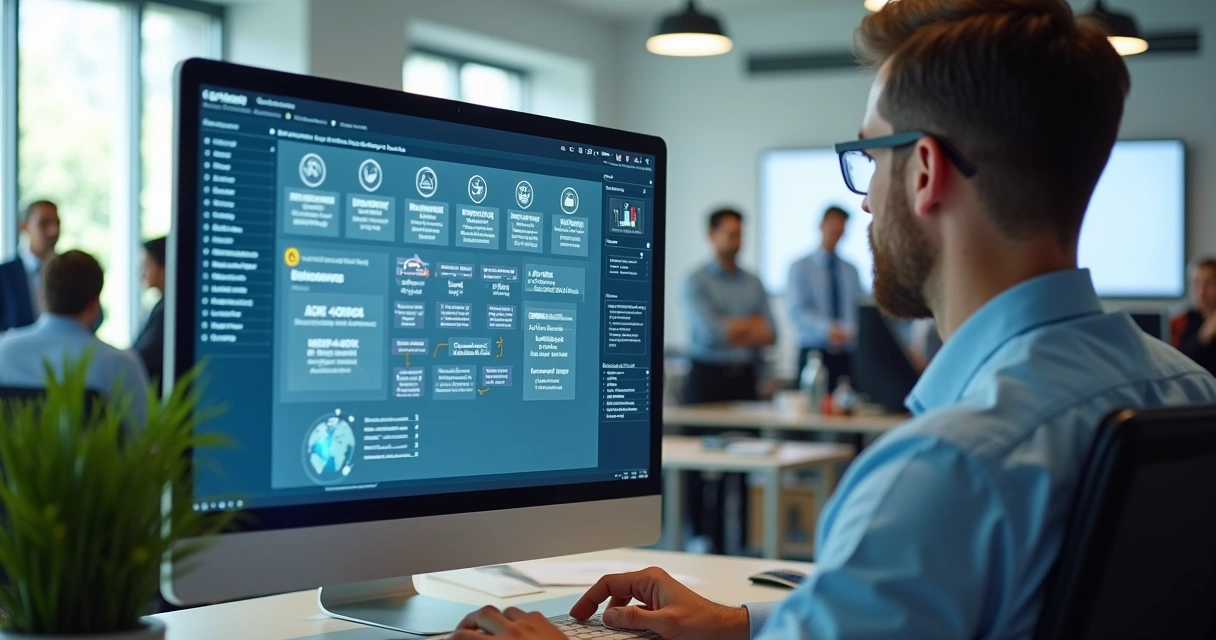 Profissional utilizando sistema de gestão documental NR 33 na tela do computador 