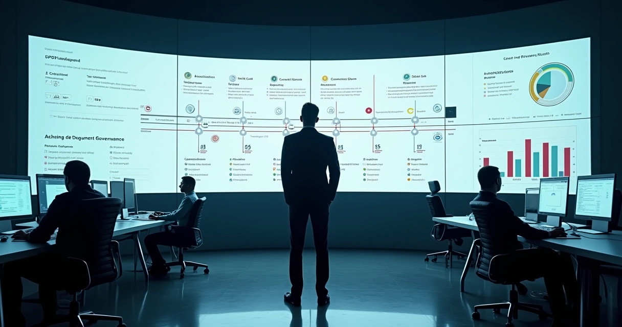 Gestor observa painel digital com fluxo de documentos e indicadores de conformidade 