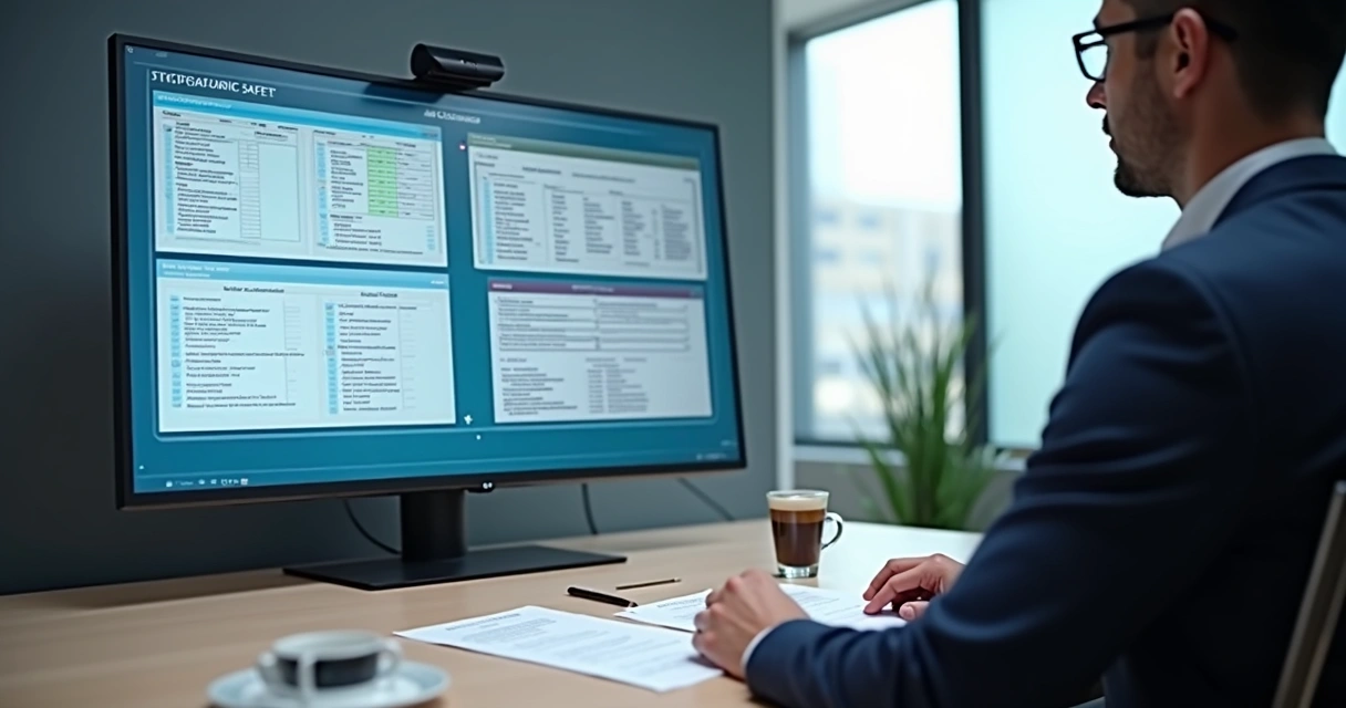 Sala de reunião com gestor analisando documentos digitais de SST na tela