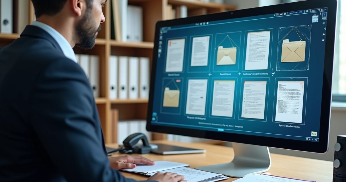 Advogado organizando documentos digitalizados em computador 