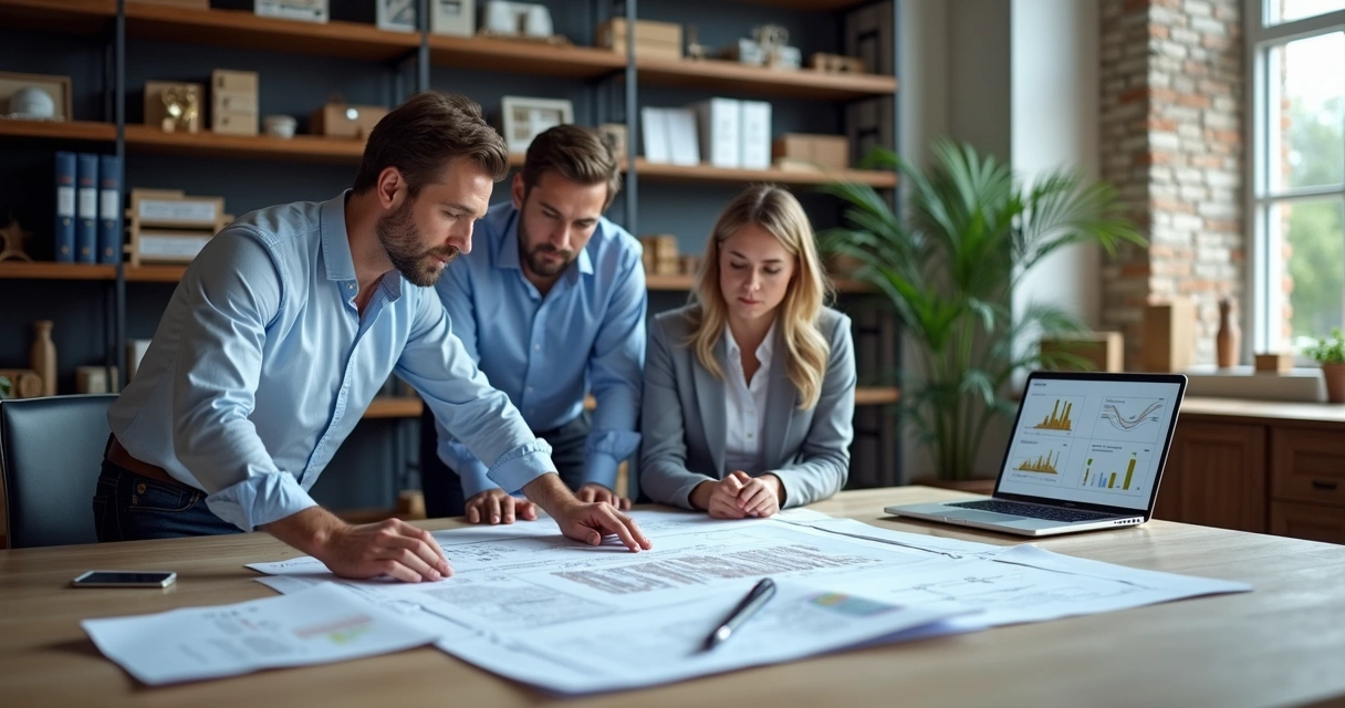 Pessoas analisando documentos em um escritório de construção 