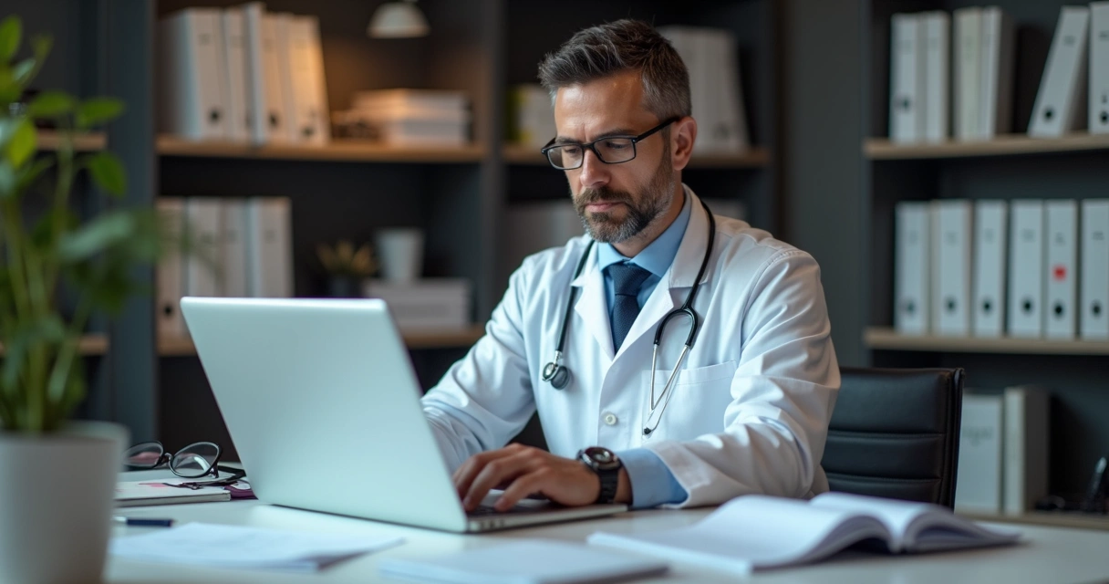 Médico acessando prontuários digitais em um notebook em consultório moderno