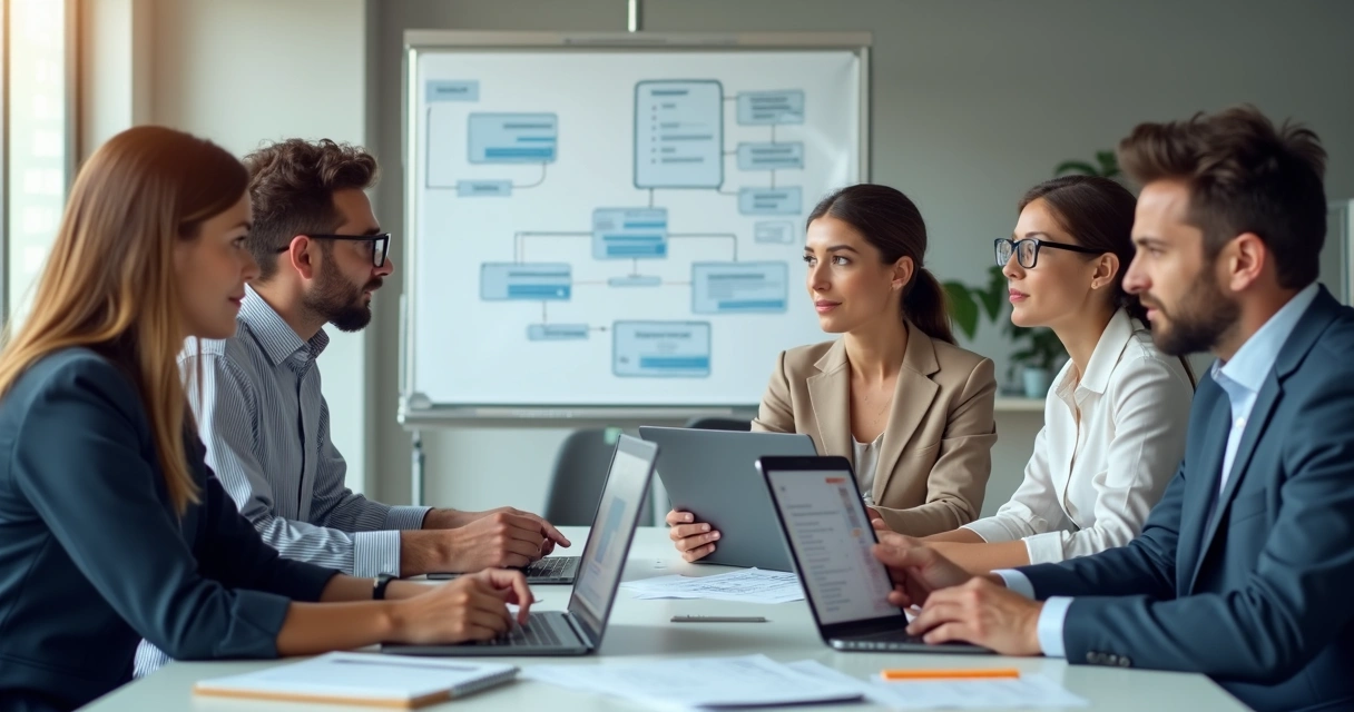 Equipe discutindo contratos digitais em mesa de escritório 