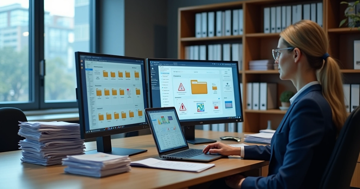 Profissional organizando documentos digitais em vários dispositivos em um escritório moderno 
