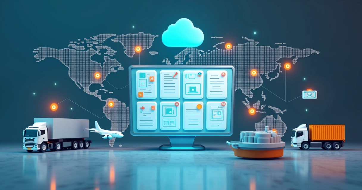 Painel 3D com documentos digitais e ícones logísticos conectados em nuvem 
