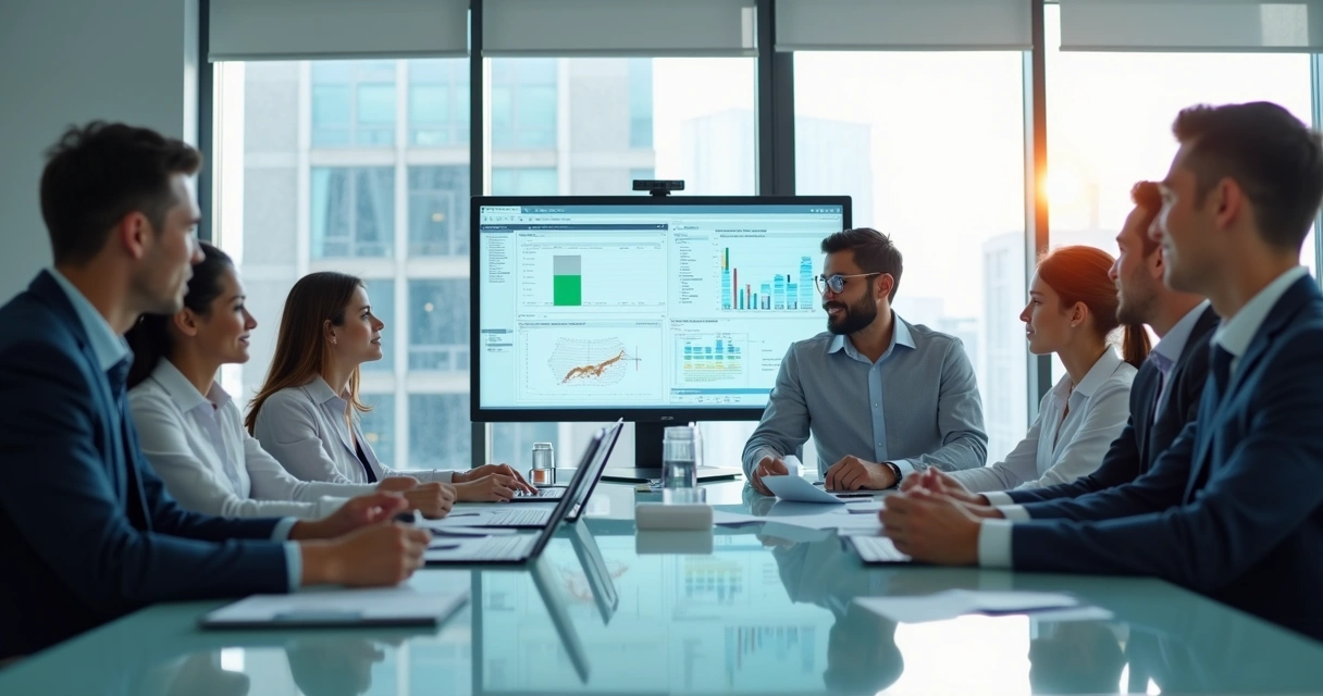 Equipe analisando documentos digitalizados em monitores e tablets