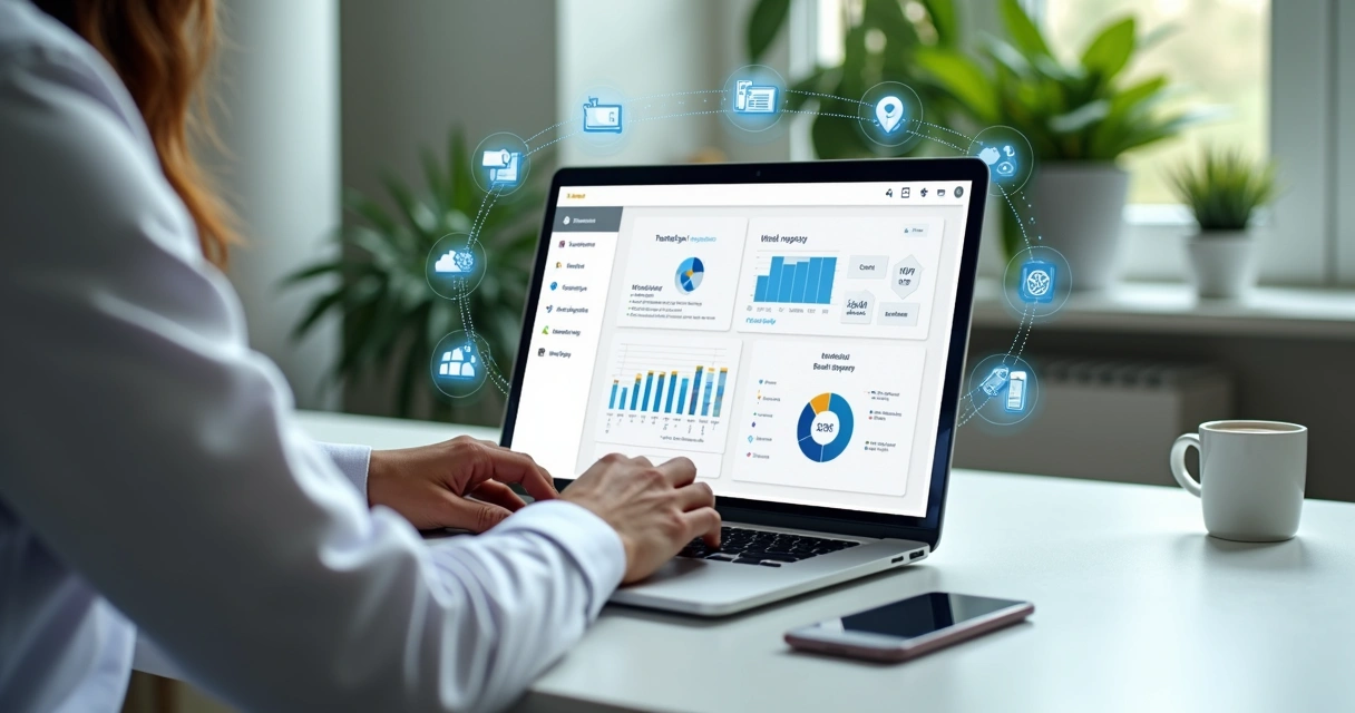 Pessoa usando notebook com painel digital de notas fiscais eletrônicas