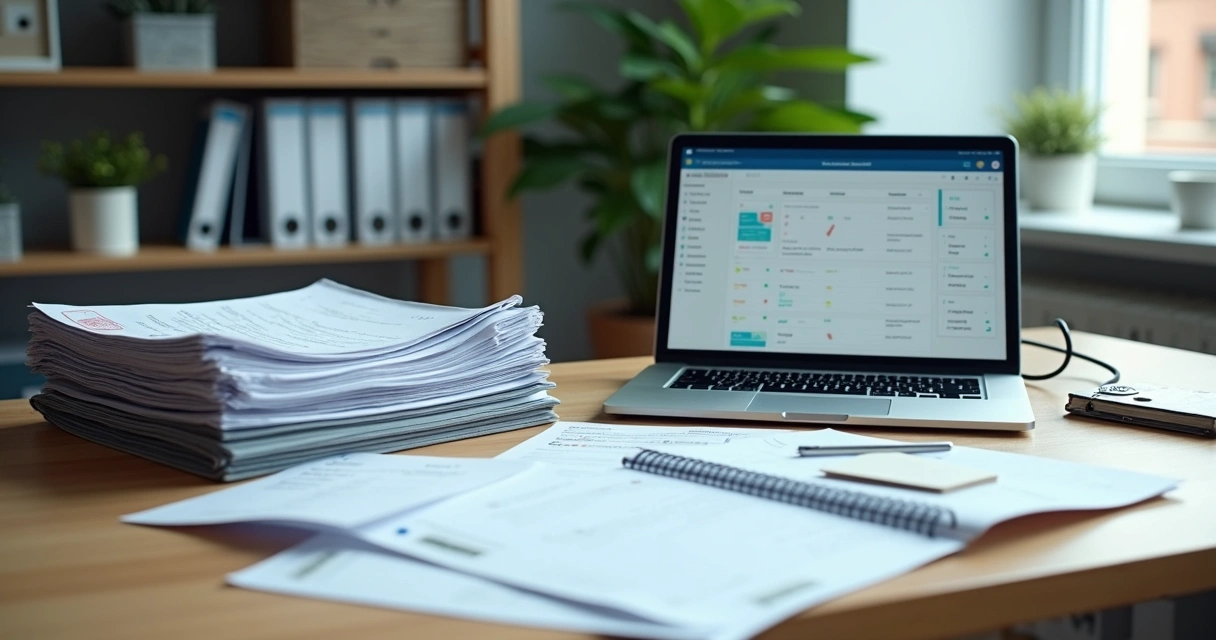 Mesa de escritório com pilha bagunçada de documentos fiscais misturada a organização digital em um tablet 