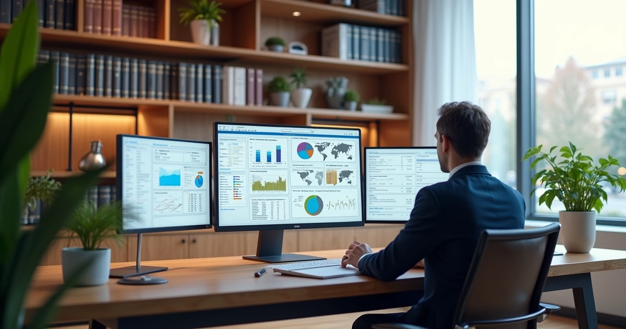 Advogado utilizando computador com múltiplas telas exibindo documentos jurídicos organizados digitalmente 