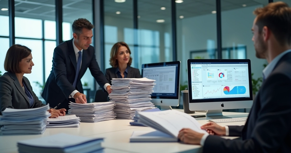 Equipe organizando documentos logísticos em um escritório moderno