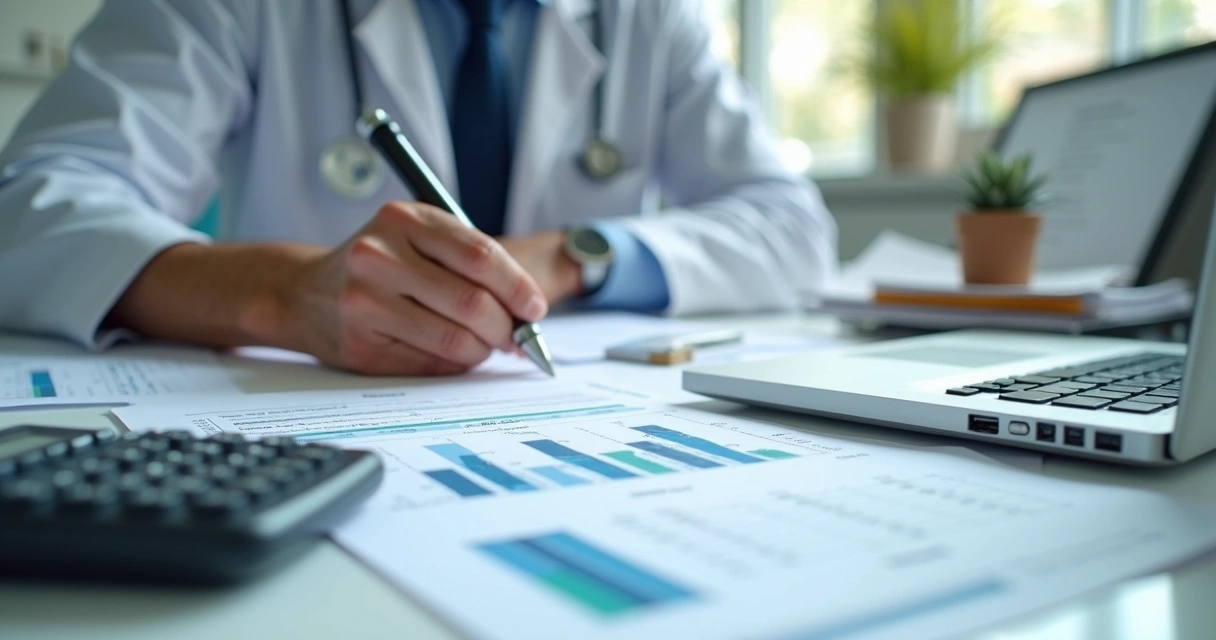 Profissional revisando documentos médicos e fiscais