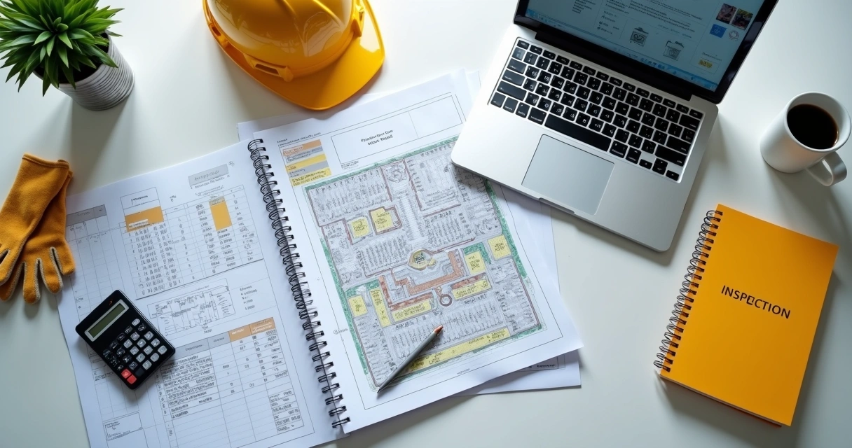 Mesa com documentos técnicos e planta de obra organizados 