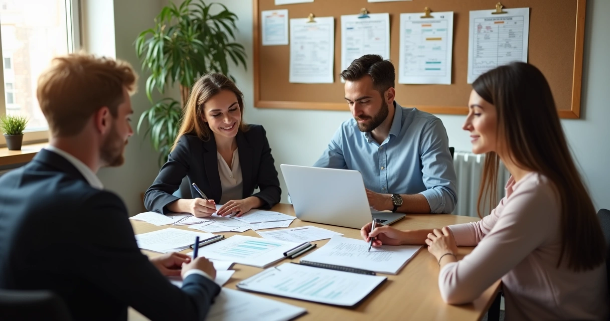 Equipe de pequena empresa organizando documentos de segurança do trabalho na mesa