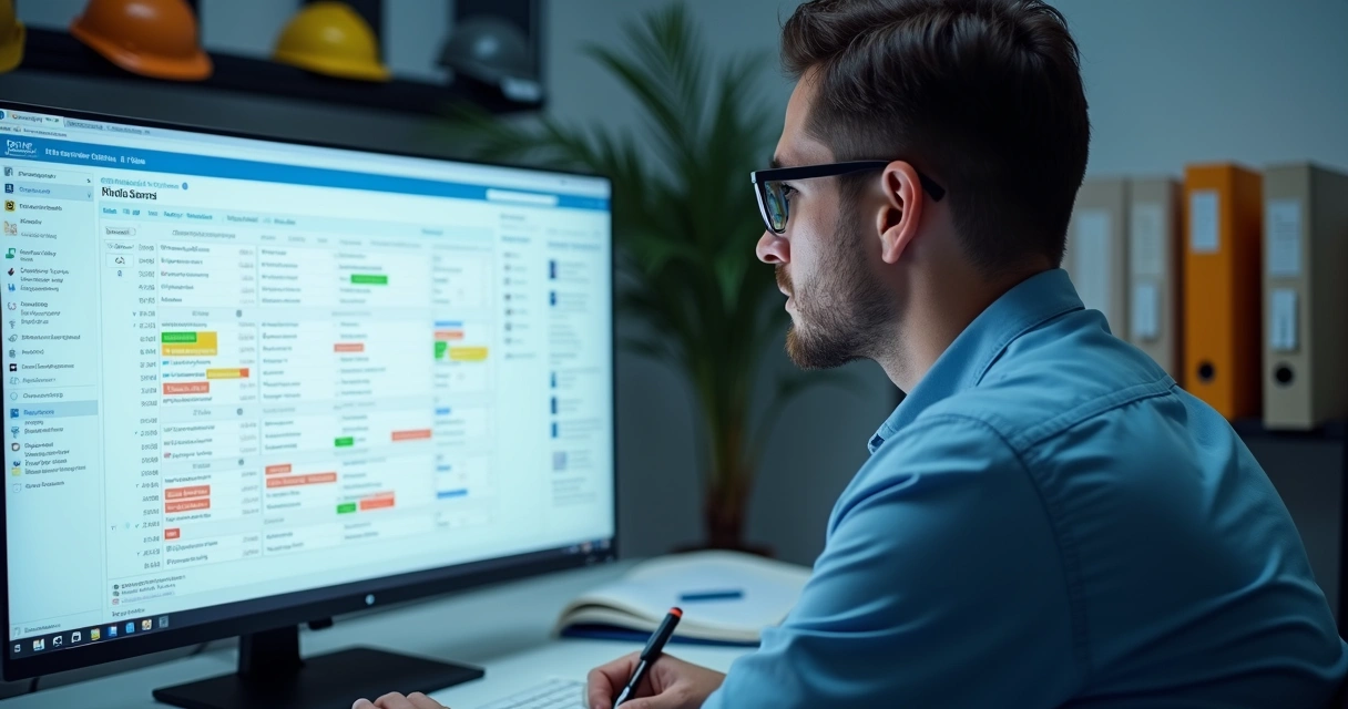 Profissional de SST analisando painel digital com controle de documentos e vencimentos 