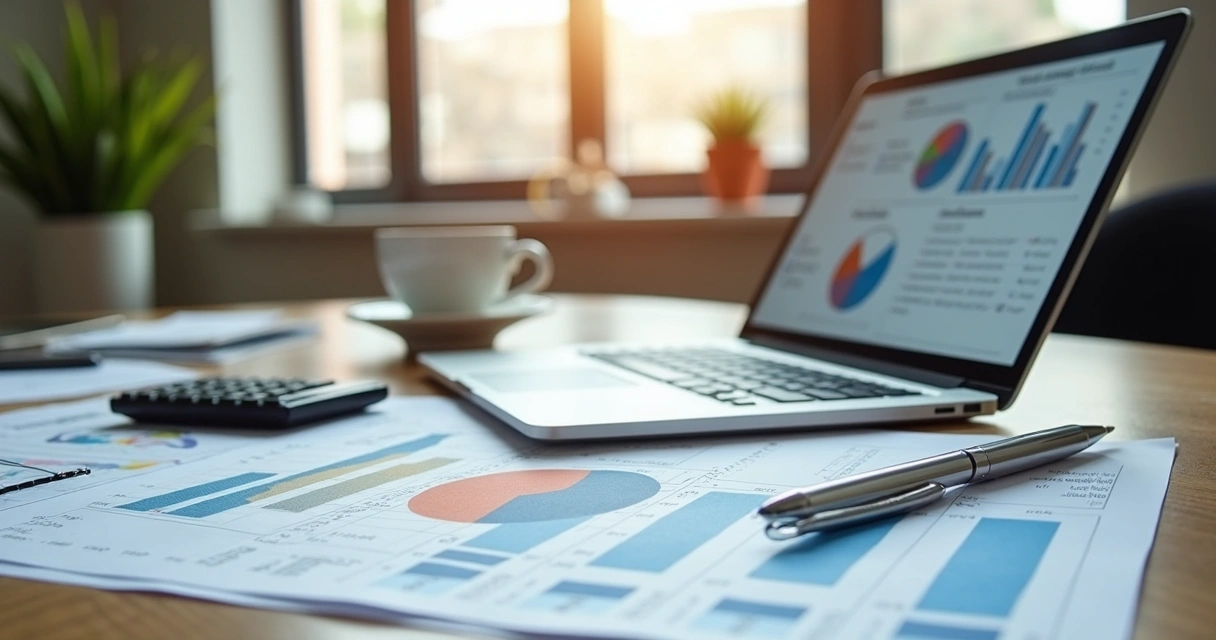 Mesa de escritório com documentos de segurança do trabalho espalhados, laptop aberto mostrando gráficos, caneta, calculadora e xícara de café 