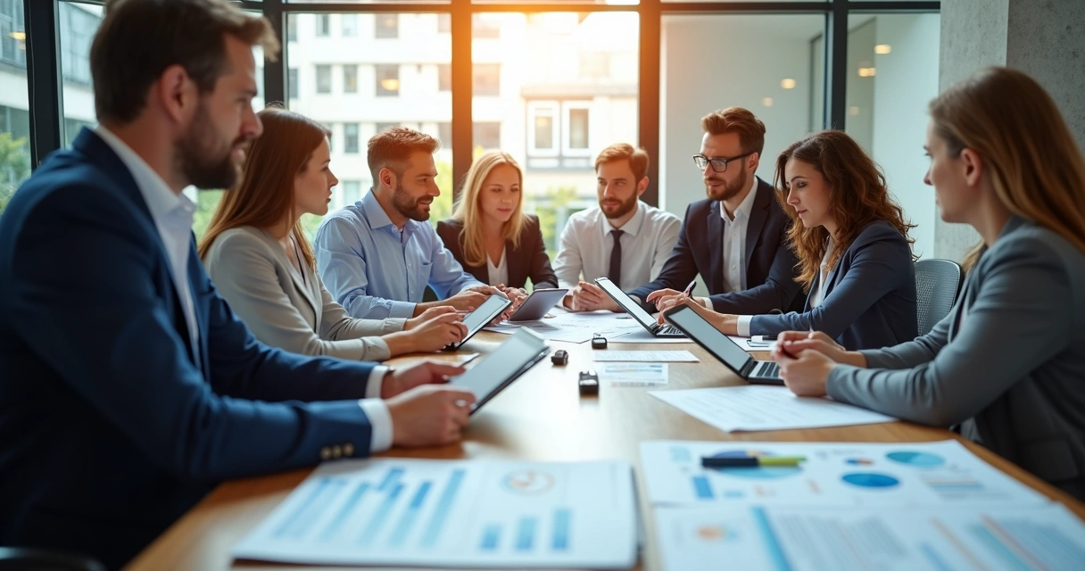 Equipe em mesa de reunião analisando documentos e treinamentos organizacionais 