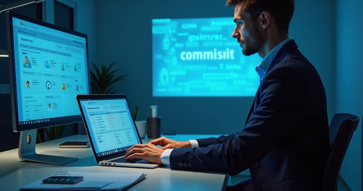 Profissional gerenciando domínio com painel de segurança e DNS 